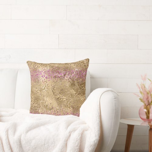 Girly Glam Pink Glitter Gold Leopard Print  Throw Pillow