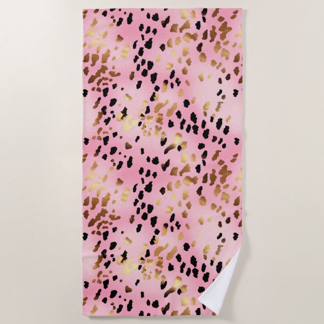 Girly Glam Pink Gold Black Leopard Print Beach Towel (Front)