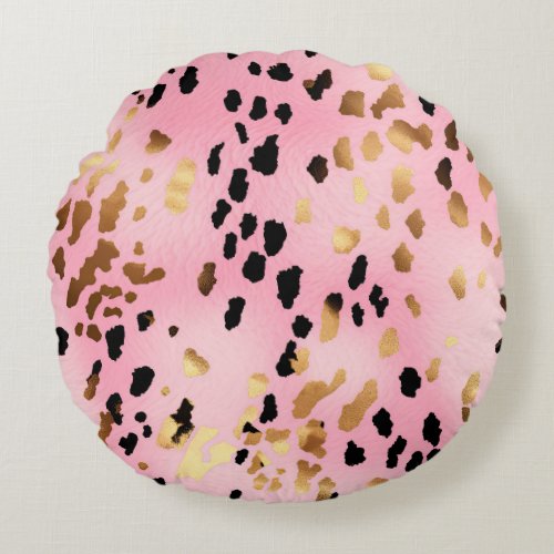 Girly Glam Pink Gold Black Leopard Print Round Pillow