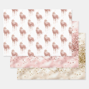 Girly Glam Pink Gold Confetti Glitter Unicorn Wrapping Paper Sheets