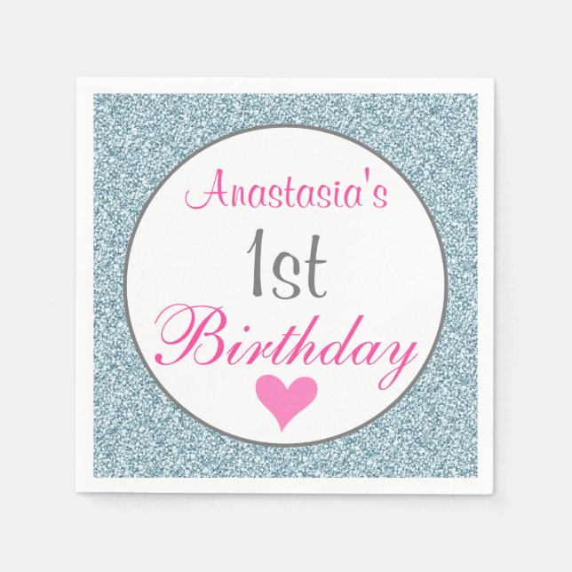 Girly Glam Pink & Light Blue Glitter 1st Birthday Napkins (Front)