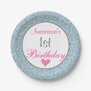 Girly Glam Pink & Light Blue Glitter 1st Birthday Paper Plates