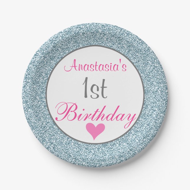 Girly Glam Pink & Light Blue Glitter 1st Birthday Paper Plates (Front)