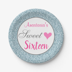 Girly & Glam Pink Light Blue Glitter Sweet Sixteen Paper Plates