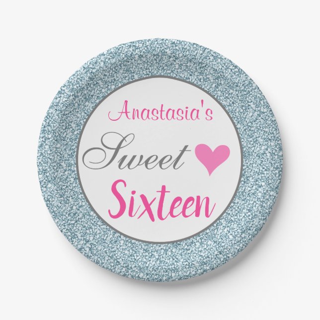 Girly & Glam Pink Light Blue Glitter Sweet Sixteen Paper Plates (Front)
