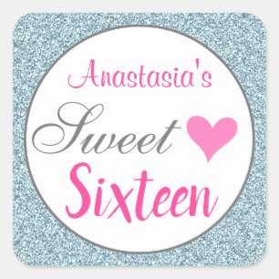 Girly & Glam Pink Light Blue Glitter Sweet Sixteen Square Sticker