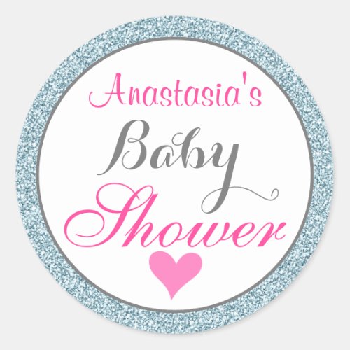 Girly Glam Pink Light Sky Blue Glitter Baby Shower Classic Round Sticker