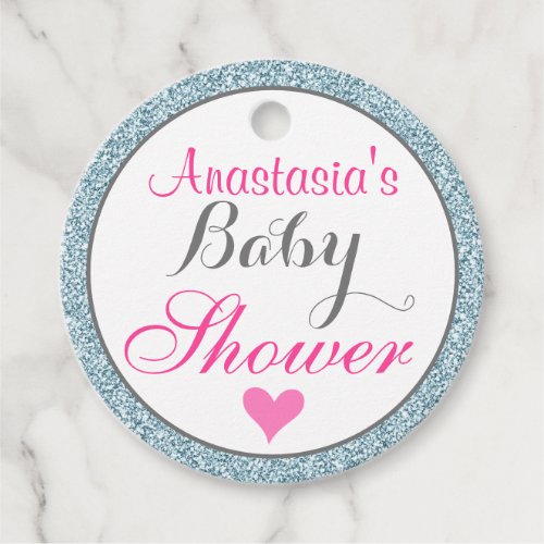 Girly Glam Pink Light Sky Blue Glitter Baby Shower Favor Tags