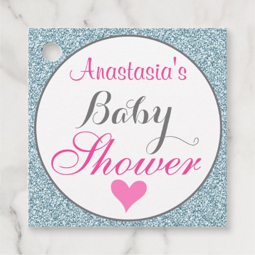 Girly Glam Pink Light Sky Blue Glitter Baby Shower Favor Tags