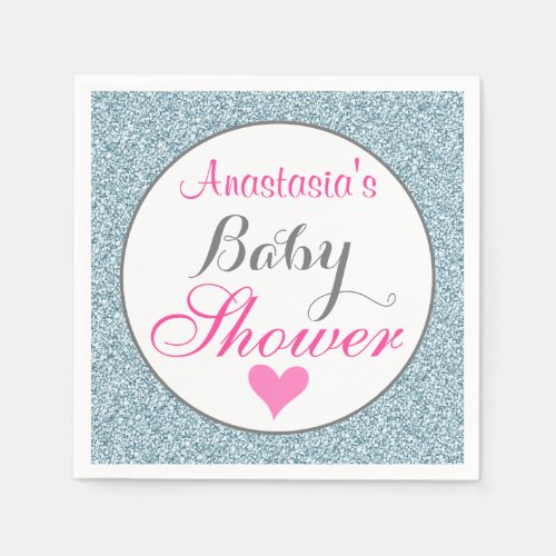 Girly Glam Pink Light Sky Blue Glitter Baby Shower Napkins