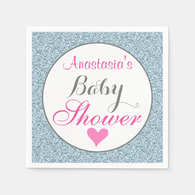 Girly Glam Pink Light Sky Blue Glitter Baby Shower Napkins (Front)