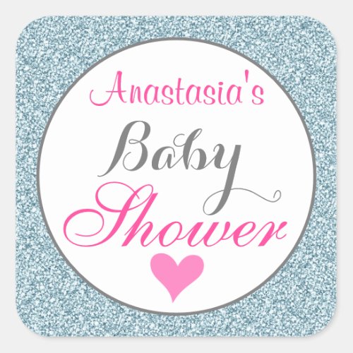 Girly Glam Pink Light Sky Blue Glitter Baby Shower Square Sticker