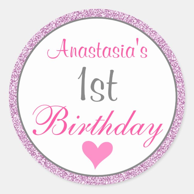 Girly Glam Pink Lilac Purple Glitter 1st Birthday Classic Round Sticker (Front)