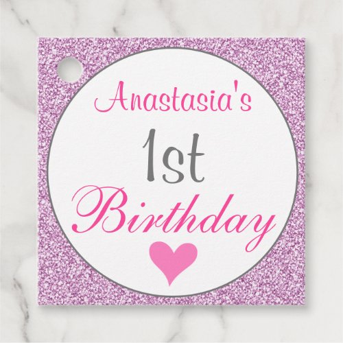 Girly Glam Pink Lilac Purple Glitter 1st Birthday Favor Tags