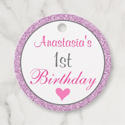 Girly Glam Pink Lilac Purple Glitter 1st Birthday Favor Tags