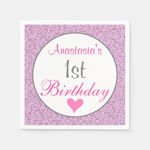 Girly Glam Pink Lilac Purple Glitter 1st Birthday Napkins