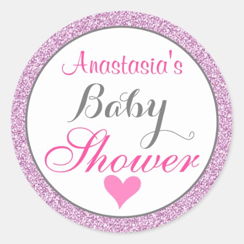 Girly  Glam Pink Lilac Purple Glitter Baby Shower Classic Round Sticker