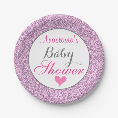 Girly  Glam Pink Lilac Purple Glitter Baby Shower Paper Plates