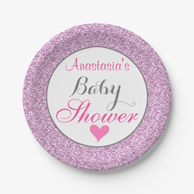 Girly & Glam Pink Lilac Purple Glitter Baby Shower Paper Plates (Front)