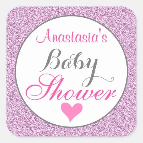 Girly  Glam Pink Lilac Purple Glitter Baby Shower Square Sticker