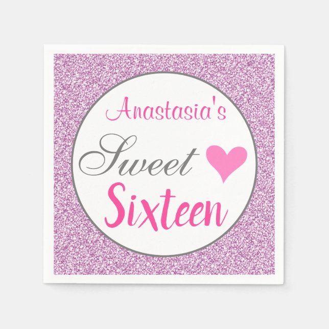 Girly Glam Pink Lilac Purple Glitter Sweet Sixteen Napkins (Front)
