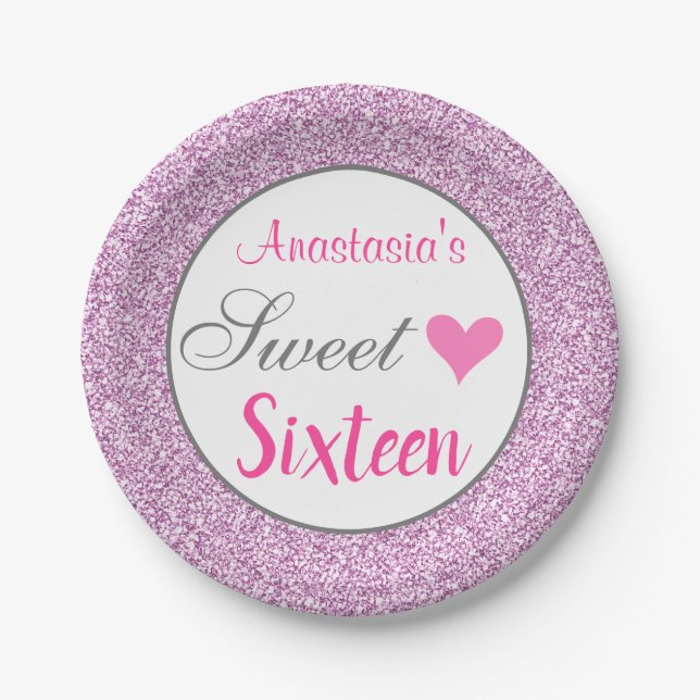 Girly Glam Pink Lilac Purple Glitter Sweet Sixteen Paper Plates (Front)