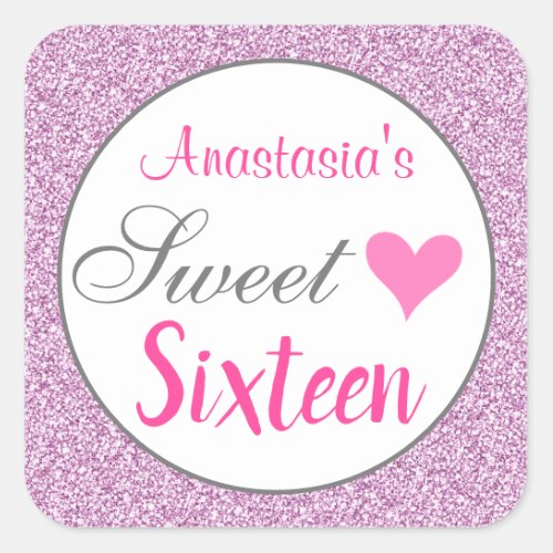 Girly Glam Pink Lilac Purple Glitter Sweet Sixteen Square Sticker