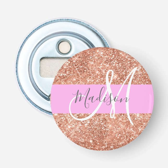 Girly Glam Pink Peach Gold Glitter Monogram Name Bottle Opener (Front)