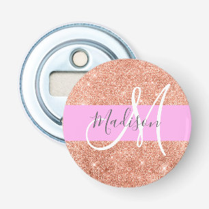 Girly Glam Pink Peach Gold Glitter Monogram Name Bottle Opener
