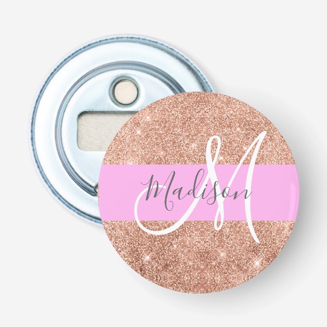 Girly Glam Pink Peach Gold Glitter Monogram Name Bottle Opener (Front)