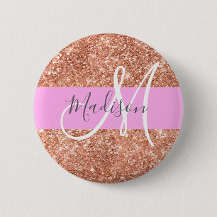 Girly Glam Pink Peach Gold Glitter Monogram Name Button