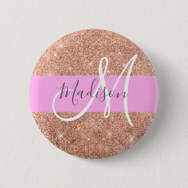 Girly Glam Pink Peach Gold Glitter Monogram Name Button (Front)