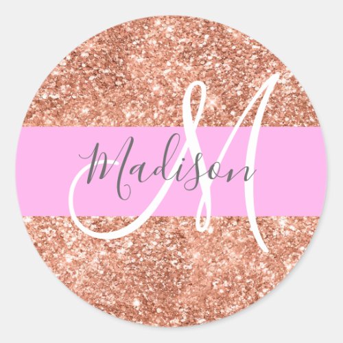 Girly Glam Pink Peach Gold Glitter Monogram Name Classic Round Sticker