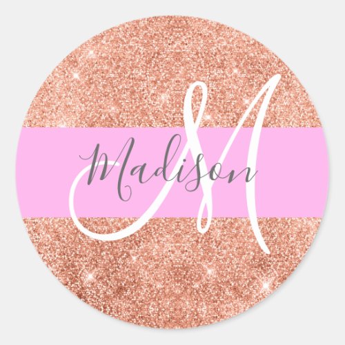 Girly Glam Pink Peach Gold Glitter Monogram Name Classic Round Sticker