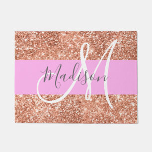 Girly Glam Pink Peach Gold Glitter Monogram Name Doormat