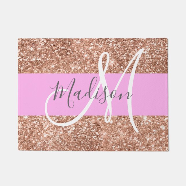 Girly Glam Pink Peach Gold Glitter Monogram Name Doormat (Front)