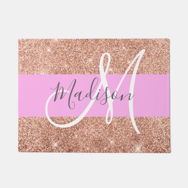 Girly Glam Pink Peach Gold Glitter Monogram Name Doormat (Front)