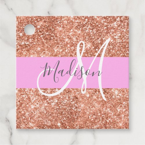 Girly Glam Pink Peach Gold Glitter Monogram Name Favor Tags