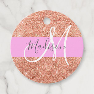 Girly Glam Pink Peach Gold Glitter Monogram Name Favor Tags