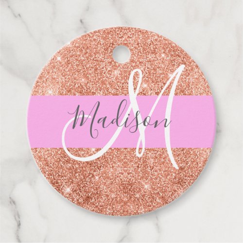 Girly Glam Pink Peach Gold Glitter Monogram Name Favor Tags