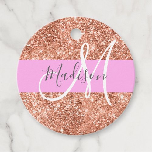 Girly Glam Pink Peach Gold Glitter Monogram Name Favor Tags