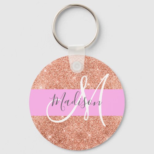 Girly Glam Pink Peach Gold Glitter Monogram Name Keychain