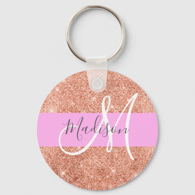 Girly Glam Pink Peach Gold Glitter Monogram Name Keychain (Front)
