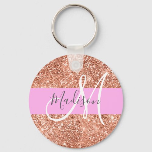 Girly Glam Pink Peach Gold Glitter Monogram Name Keychain