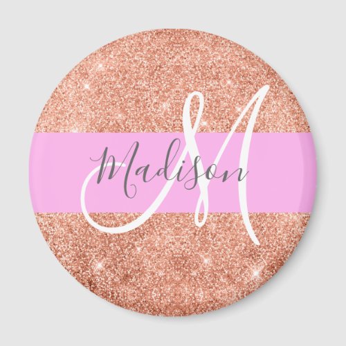 Girly Glam Pink Peach Gold Glitter Monogram Name Magnet