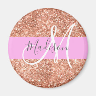 Girly Glam Pink Peach Gold Glitter Monogram Name Magnet
