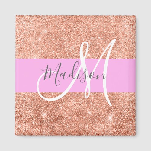 Girly Glam Pink Peach Gold Glitter Monogram Name Magnet