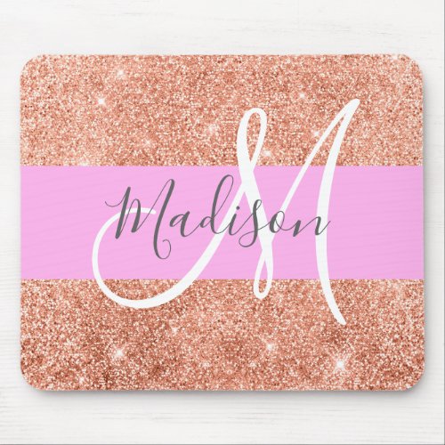 Girly Glam Pink Peach Gold Glitter Monogram Name Mouse Pad