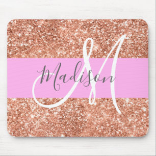 Girly Glam Pink Peach Gold Glitter Monogram Name Mouse Pad