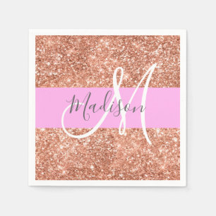 Girly Glam Pink Peach Gold Glitter Monogram Name Napkins